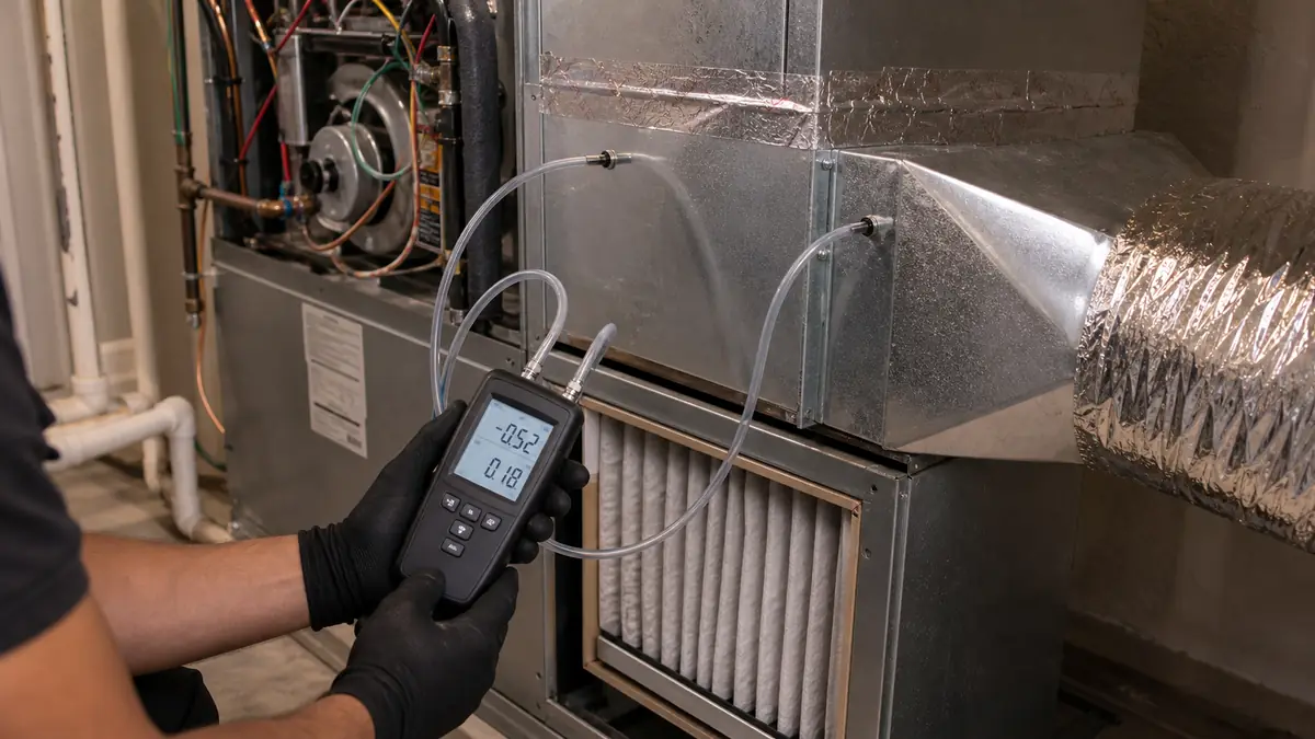 Static-pressure test on a Carrier air handler at a Pasadena home