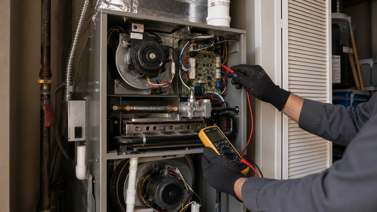 Carrier gas furnace control board being inspected at a Pasadena home